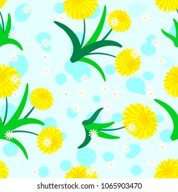 Bright seamless floral pattern with dandelions and chamomiles.