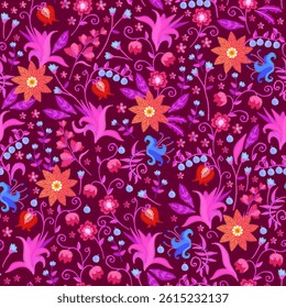 Bright seamless floral pattern with embroidered lilies, bells, berries and small flowers on a purple background. Print for fabric.