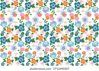 Padrão floral perfeito brilhante com flores coloridas e folhas verdes, perfeito para impressões de tecido, papéis de parede, papelaria e projetos de design vetorial decorativo.
