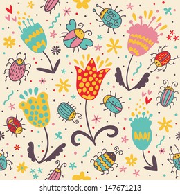 Bright seamless floral pattern with flowers, leaves, beetles.