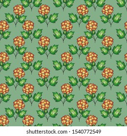 Bright seamless floral pattern. Flowers with carmine-yellow petals in the shape of a heart, green with yellow leaves, gradient, green background. Great for decorating fabrics, printed materials, ad.