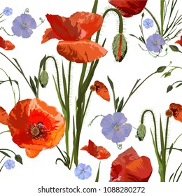 Bright seamless floral pattern with garden red poppies and wildflowers. Botanical motifs are scattered randomly on a white background. Vector for fashion prints, textiles, wallpapers, tile, wrapping 