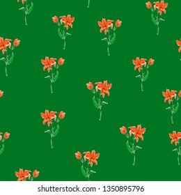 Bright seamless floral pattern with green background, blossom lilies. Garden design for bed linen, fabric, textile, dress, clothes, decor, wrapping paper. Springtime, summer in one design. Wild nature