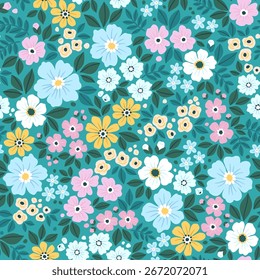 Patrón floral transparente brillante. Fondo del estilo de la libertad de las Pequeñas flores coloridas. Pequeñas flores esparcidas sobre un fondo turquesa oscuro. Impresión de Vector de stock para superficies. Estampado de flores Abstractas