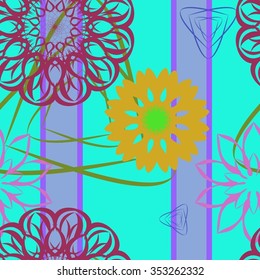 bright seamless floral pattern in lilac stripes on a turquoise background