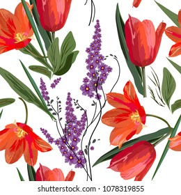 A bright seamless floral pattern in many varieties of garden flowers. Elegant plants scattered randomly on a white background.Vector for fashion prints, textiles, wallpapers, tiles, paper.