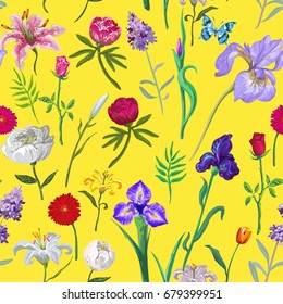 Bright seamless floral pattern on yellow background