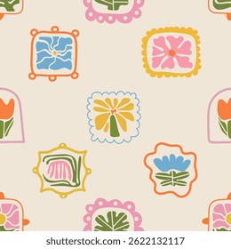 Bright seamless floral pattern in retro style. Geometric flower frame composition on a soft spring inspired background. Nature themed wallpaper design with colorful blossoms and natural texture.
