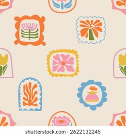 Bright seamless floral pattern in retro style. Geometric flower frame composition on a soft spring inspired background. Nature themed wallpaper design with colorful blossoms and natural texture.