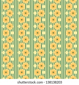Bright seamless floral pattern stripes with yellow flowers and dots on a striped background