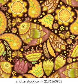 Luminoso patrón floral sin fisuras con una gran variedad de flores y pájaros decorativos inusuales. El patrón puede utilizarse como dibujo sobre tela, para cubrir cubiertas, embalajes, papel de embalaje, acertijos