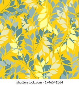Bright seamless floral vector pattern with branches and leaves of different colors on a yellow background. For textiles, clothing, bedding, wallpaper, tile