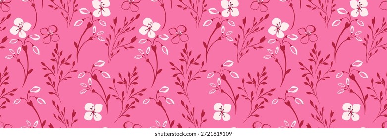 Bright seamless floral vector pattern with simple cream blossoms, burgundy stems and white leaf accents on a vivid pink background. Fresh, modern for textiles, packaging and decor