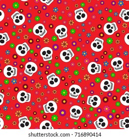 Bright seamless flowers and skulls pattern on the day of the dead on the red background