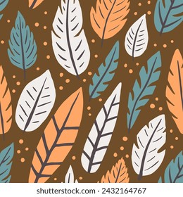 Helle nahtlose frische Federn Dekor Hintergrund. Bunte nahtlose moderne Gefiederblätter, nahtlose Textur. Lila wiederholte Vintage Quill Ornament Muster. Federkleid
