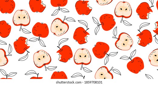 Bright Seamless Fruit Background Apples Vector Pattern with leaves and apple slice. Set of whole apple, cut and bitten off apple. Vector hand drawn illustration for fabric, drawing labels, print.