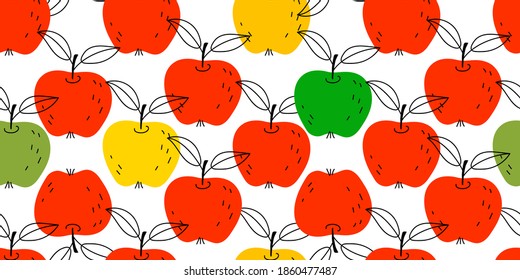 Bright Seamless Fruit Background Cute Apples Vector Pattern with leaves and apple slice. Set of whole apple, cut and bitten off apple. Vector hand drawn illustration for fabric, drawing labels, print.
