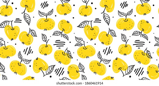 Bright Seamless Fruit Background Yellow Apples Vector Pattern doodle style apple slice. Set of whole apple, cut and bitten off apple. Vector hand drawn illustration for fabric, drawing labels, print.