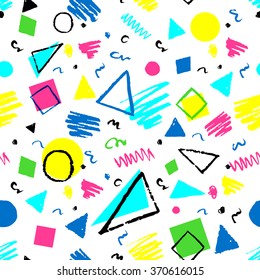 Diseño geométrico luminoso de los años 80 con triángulos, círculos, cuadrados y doodles.