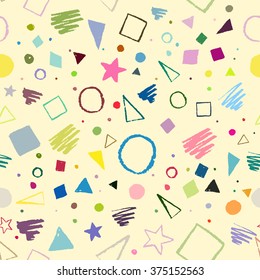 Bright seamless geometric 1980s styled pattern with triangles, circles, squares and doodles on yellow background.