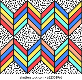 Bright seamless geometric pattern in 80s style with abstract multicolored arrows and memphis print for your decoration
