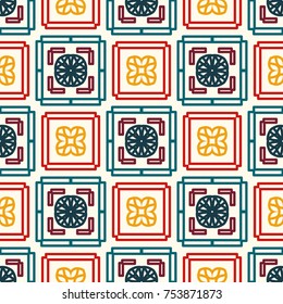 Bright seamless geometric pattern with alternate quadratic groups of elements.