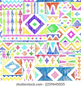 Patrón geométrico luminoso y sin fisuras. Textura vintage de Grunge. Ornamento bohemio en estilo de mosaico. Motivos africanos. Ilustración vectorial.