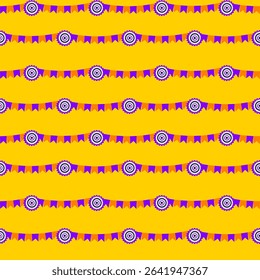 Bright seamless geometric pattern with horizontal papel picado garlands on vivid yellow background. Ideal for Día de los Muertos, party decor, textiles, packaging, or festive web design.