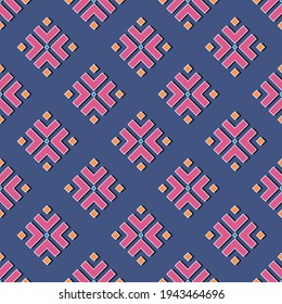 Bright seamless geometric pattern, square elements of orange and magenta colors, violet-blue background. Great for decorating fabrics, textiles, gift wrapping, printed matter, interiors, advertising.