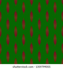 Bright seamless geometric pattern with vertical rows of small red and maoon leaves on green background. Repeat botanical pattern. Vector illustration.