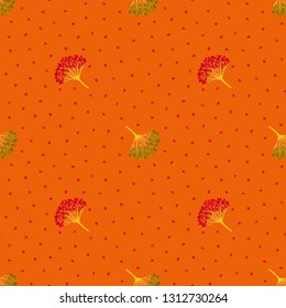 Bright seamless geometric pattern with viburnum berries. Red, ambre, maroon, orange, green colors. Repeat botanical pattern. Vector illustration.