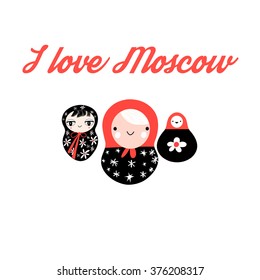 Bright seamless graphic  love moscow of different nested dolls on a white background