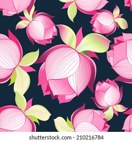 bright seamless graphic pattern of a lotus flower on a dark background 