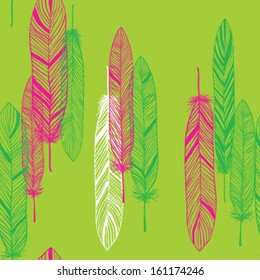 Bright seamless green pattern with hand-drawn pink and white feathers. Vector