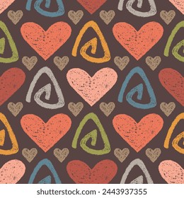 Bright Seamless Grunge Pattern of Hand-Drawn Hearts and Triangular Scribbles on Dark Background. Style of Children's Drawing. Continuous Background with Textured Elements for Universal Application.