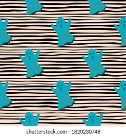Bright seamless halloween patten with ghosts silhouettes. Blue spooky print on stripped background. Designed for wallpaper, textile, wrapping paper, fabric print. Vector illustration.