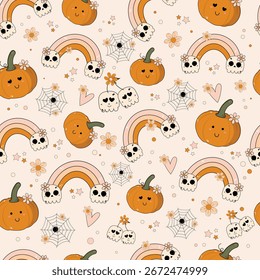 Brillante patrón de Halloween sin fisuras con lindos fantasmas, calabazas y caramelos en un estilo de dibujos animados. Perfecto para la decoración del partido, papel de regalo, y fondos festivos.