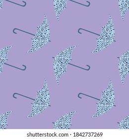 Bright seamless hand drawn pattern with season blue dotted umbrella silhouettes. Light purple background. Great for fabric design, textile print, wrapping, cover. Vector illustration.