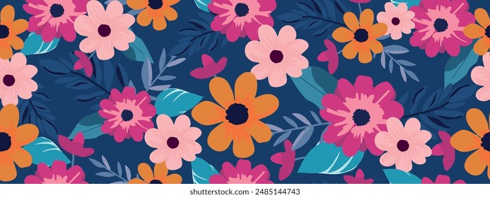 Patrón floral dibujado a mano sin costuras brillante. Patrón moderno de flores sobre un fondo azul. Plantilla de moda para el diseño. Vector.