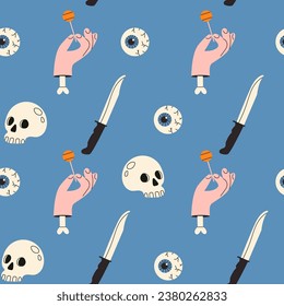 Bright seamless Happy Halloween pattern. Print with skulls with knives, zombie hands on a blue background. Design elements in flat style. Vector stock illustration. Design elements in flat style.