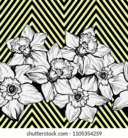 Bright seamless horizontal border with hand drown Narcissus. Vector illustration on bright geometric background. Postcard, wallpaper, textile, fabrics, fashion design.