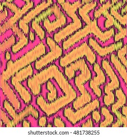 Bright seamless Ikat Pattern with yellow and pink geometric patterns. Abstract  background for textile design, wallpaper, surface textures, wrapping paper.