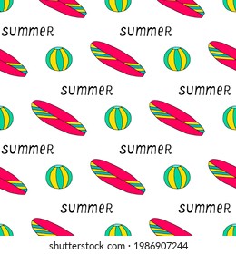 Bright seamless illustration with balls and surfboards. Relax on the beach. Vector image.