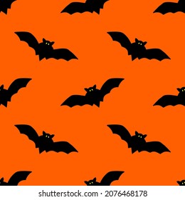Bright seamless illustration with bats. Vector drawing on an orange background.