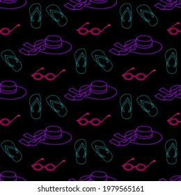 Bright seamless illustration with beach accessories on a black background. Vector drawing