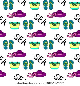 Bright seamless illustration with beach accessories. Vector drawing on a white background.