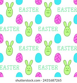 Bright seamless illustration with bunnies and Easter balls. Easter.