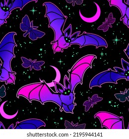 bright seamless illustration of flying bats on the background of the starry sky