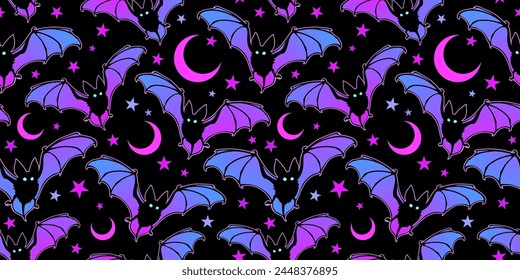 Bright seamless illustration of flying bats on the background of the starry sky