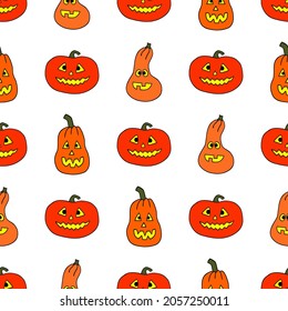 Bright seamless illustration with funny pumpkins. Halloween. Vector drawing on a white background.